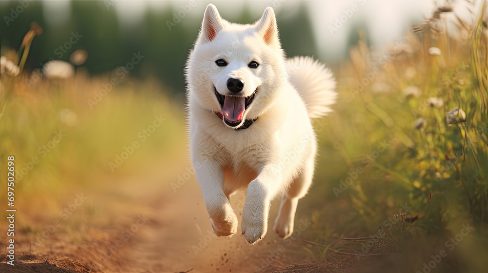 white brown shiba inu dog jumping and running view from the front among dirt road and grassland white brown shiba inu dog jumping and running view from the front among dirt road and grassland