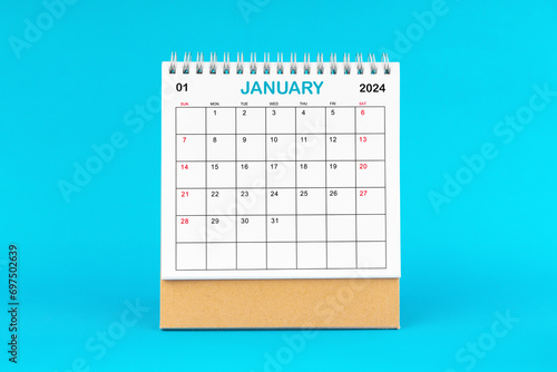 January 2024, Monthly desk calendar for 2024 year on Blue background.
