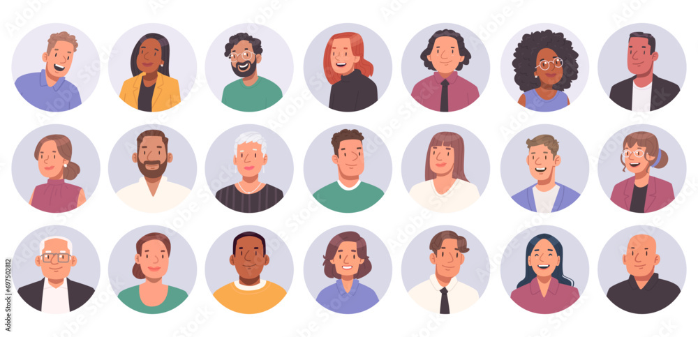 Collection of avatars of happy business people in a circle. Happy business men and women - obrazy, fototapety, plakaty 