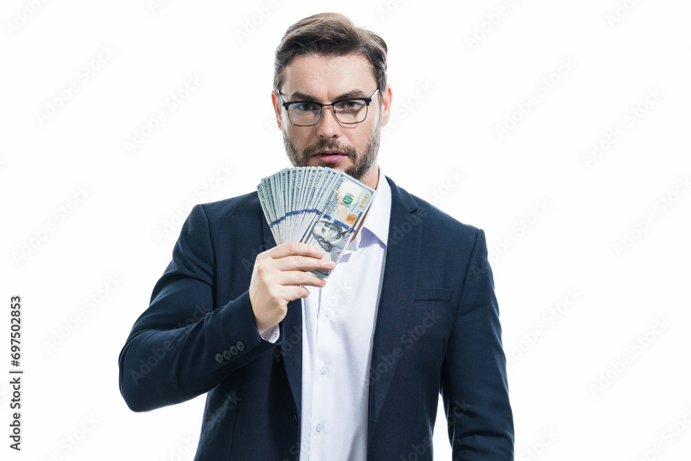 Business man with money banknotes. Male entrepreneur with dollar bills. Lucky boss, insurance agent, manager. Freelancer with cash. Mock up, for white banner with copy space. Business man with money banknotes. Male entrepreneur with dollar bills. Lucky boss, insurance agent, manager. Freelancer with cash. Mock up, for white banner with copy space.