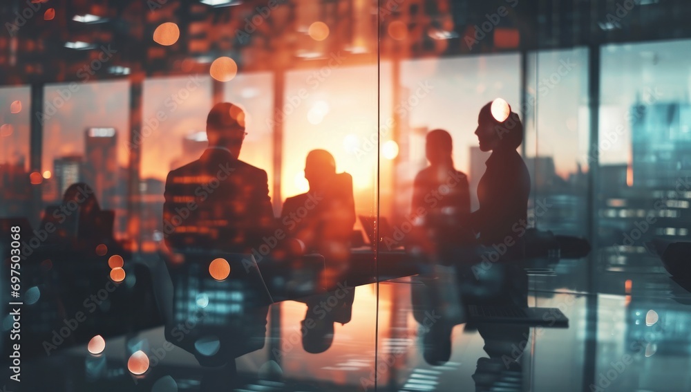Silhouette of business people work together in office. Concept of teamwork and partnership. double exposure with light effects - obrazy, fototapety, plakaty 