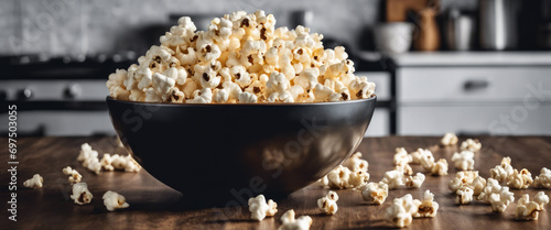Dark background, a bowl of popcorn on a kitchen table. photo