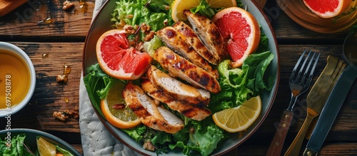 Nutritious menu with fresh chicken salad, grapefruit, lettuce, and honey mustard dressing. Seen from above.