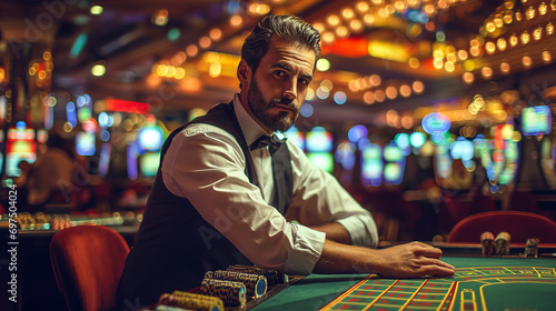 Confident Casino Dealer at Work