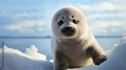 cute white baby seal sea lion in the polar Antarctic ice cap created with Generative AI Technology  photo