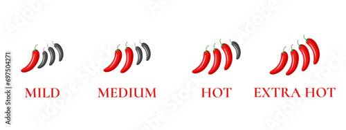 Pepper spice level. Red chili pepper. Spicy meter. Vector illustration isolated on background. Great for menu design.