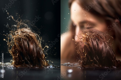 Before and After Nourish hair of shampoo or serum. Repair damaged hair.hair follicle, 3d rendering. Generative AI photo