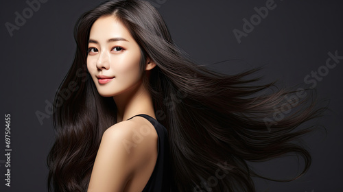 Beautiful smiling young Asian woman face with bright smile, natural makeup face, black hair and flowing hair Isolated on dark background created with Generative AI Technology