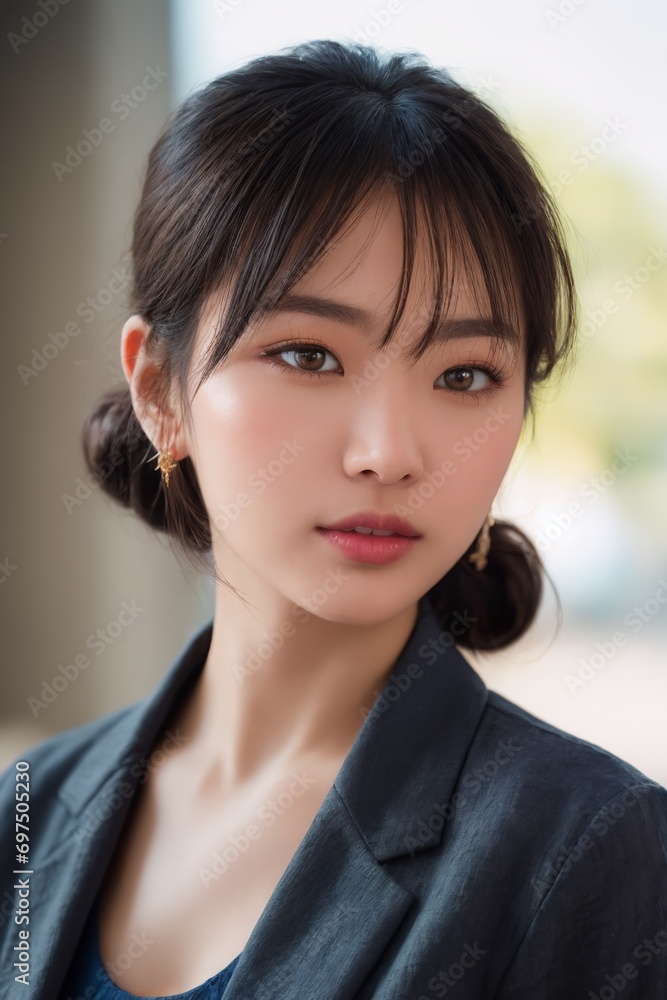 Portrait of beautiful Japanese women in messy top knot in jet black contrasts with a relaxed linen suit, business woman Portrait of beautiful Japanese women in messy top knot in jet black contrasts with a relaxed linen suit, business woman