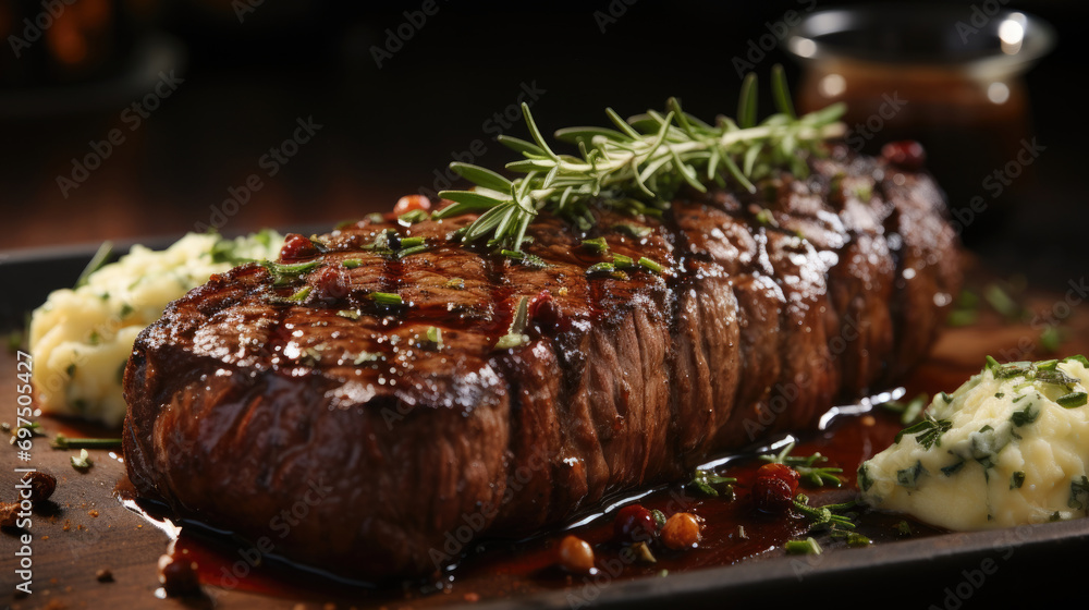 Grilled Filet mignon Steak with mashed potatoes, Red Wine, olive oil, salt, pepper, beef stock and shallots on a white plate created with Generative AI Technology - obrazy, fototapety, plakaty 