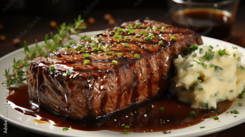 Grilled Filet mignon Steak with mashed potatoes, Red Wine, olive oil, salt, pepper, beef stock and shallots on a white plate Grilled Filet mignon Steak with mashed potatoes, Red Wine, olive oil, salt, pepper, beef stock and shallots on a white plate