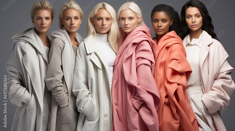 a group of beautiful female models wearing different suits and jackets as well as shoes in various colors of pastel white, pink and grey created with Generative AI Technology