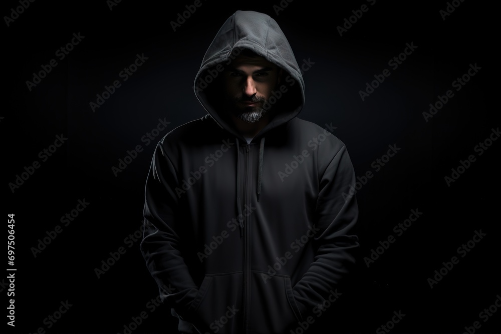 A person wearing a black hoodie is in the photo in front of a black wall. Generative AI