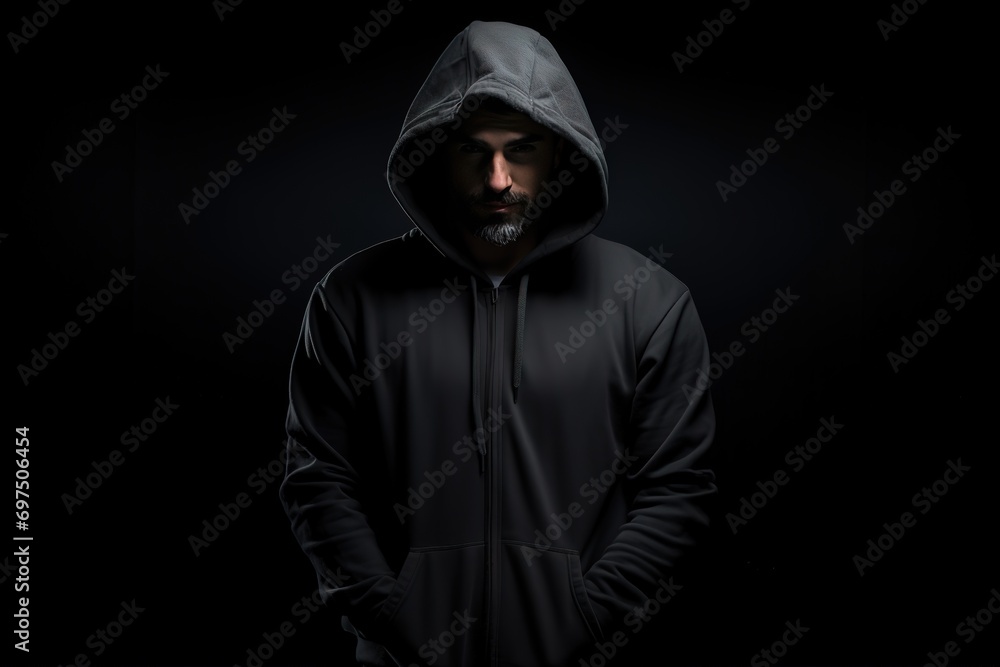 A person wearing a black hoodie is in the photo in front of a black wall. Generative AI A person wearing a black hoodie is in the photo in front of a black wall. Generative AI