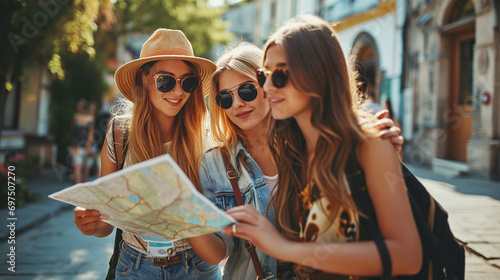 Fototapeta Naklejka Na Ścianę i Meble -  Beautiful girl and friend looking for direction within the city while having fun. Travel concept