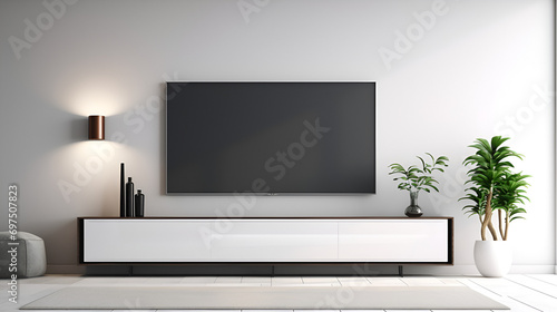 comfortable view of living room in minimal style with furniture and wooden floor,View of minimal living room with TV,Living room design with empty frame mock-up,Television put on wood,Generative AI. © Samra