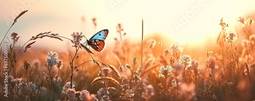Spring and summer showcasing vibrant meadow filled with blooming flowers bathed in warm sunlight. Delicate butterfly adds touch of whimsy to scene symbolizing beauty of nature and harmony of seasons © Bussakon