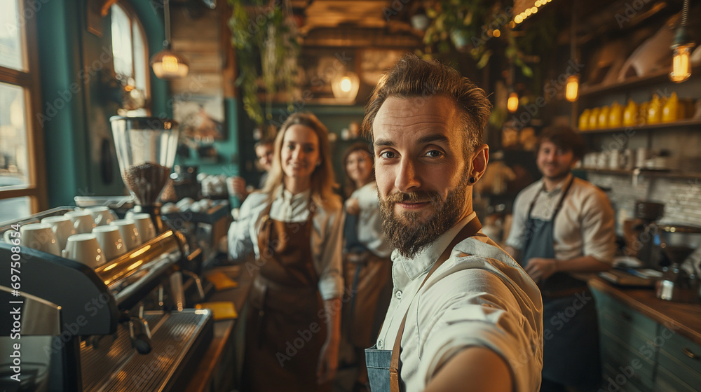 Friendly Barista Team Taking a Selfie in a Rustic Coffee Shop