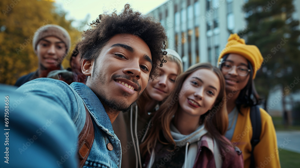 Diverse Group of University Students Taking a Selfie Outdoors Diverse Group of University Students Taking a Selfie Outdoors