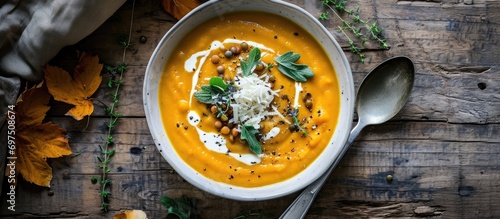 Top view of creamy pumpkin and lentil soup in a white bowl.