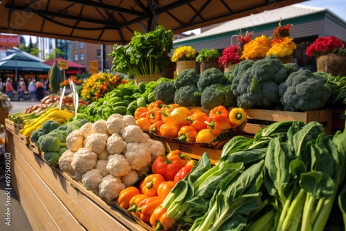 Colorful bell peppers and zucchini at farmers market in summer, A bustling farmer's market with vibrant, fresh produce and handmade products, AI Generated