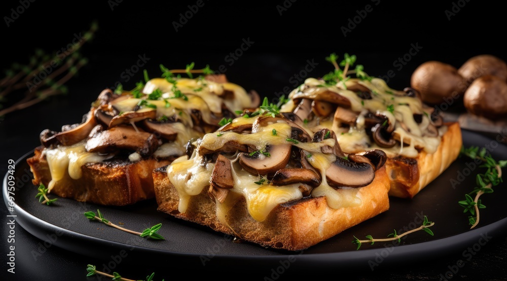 Mushroom toasts with cheese and fresh thyme on a black background, close-up. Mushroom toasts with cheese and fresh thyme on a black background, close-up.