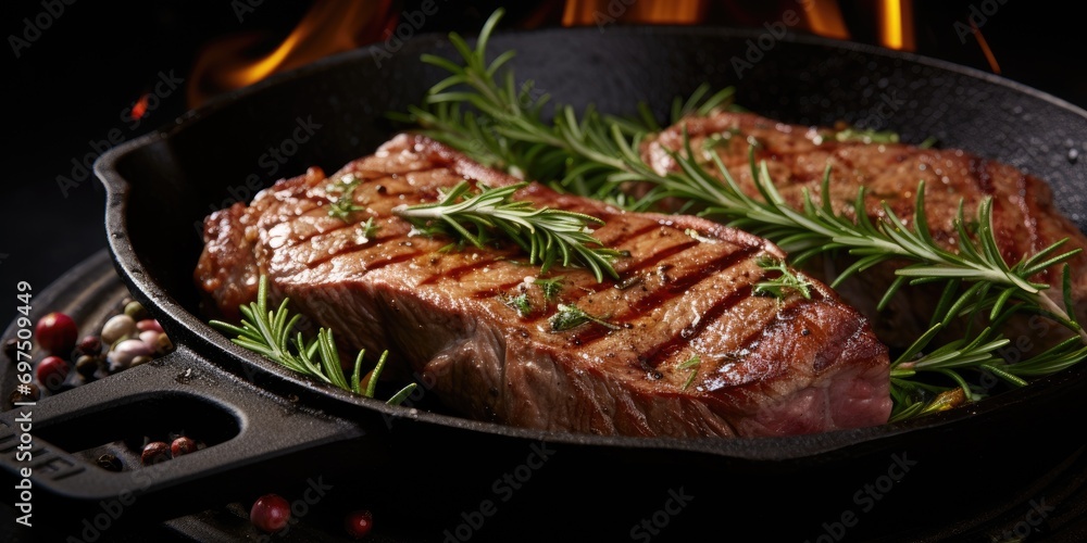Juicy steak in a pan with a branch of rosemary. Cooking steak.