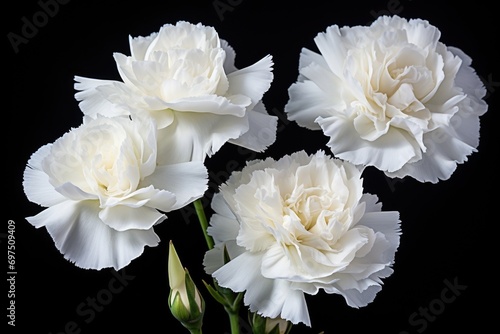 Photo of white carnations flowers on black background. © kardaska