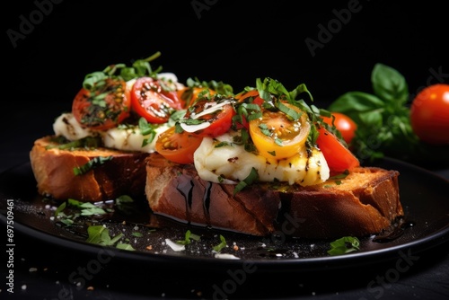 Grilled caprese sandwich based on sourdough bread with the addition of tomatoes, mozzarella cheese, fresh basil and olive oil