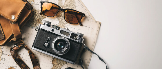 Travel accessories and items on white background with copy space. Summer holiday concept
