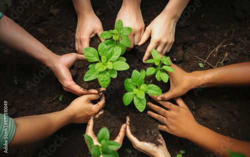 Top view of People hands with planting plant at garden
