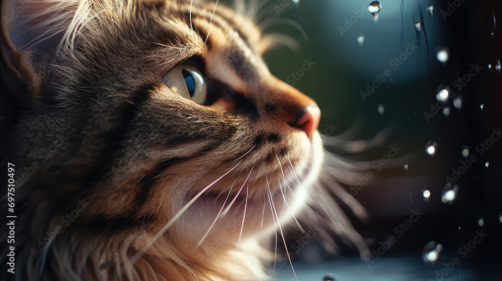 beautiful closeup cat face from the side looking curiously at a falling water drop created with Generative AI Technology