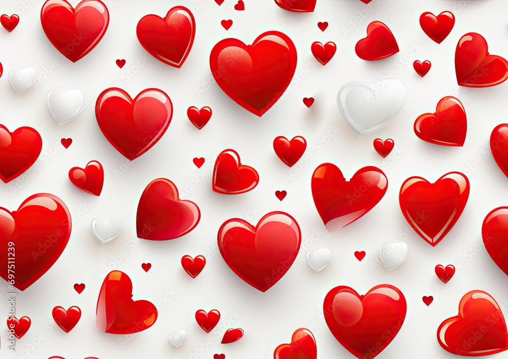 Red and white 3D heart balloons on a bright seamless background