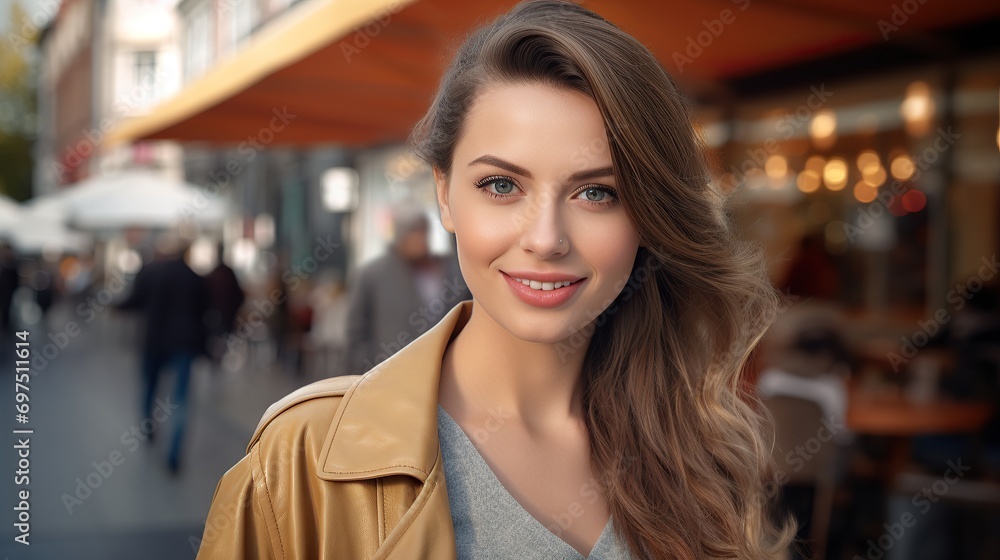 Obraz premium A young beautiful elegant woman looking at the camera outdoors. Soft focus