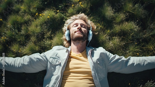 Close-up portrait of young smiling man enjoying and dreaming with headphones, listen the music, upper view photo