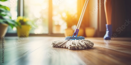 Cleaning staff is wiping cloth with cleaner and disinfectant on the surface of floor to make the floor clean with cleaning products and free from germs clinging to surface of the floor in living room.