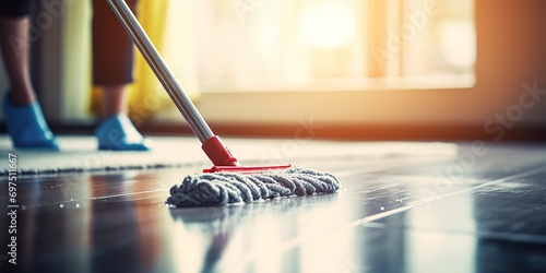 Cleaning staff is wiping cloth with cleaner and disinfectant on the surface of floor to make the floor clean with cleaning products and free from germs clinging to surface of the floor in living room. photo
