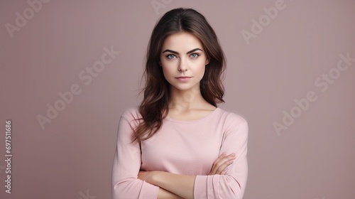 Angry with you. Concentrated young woman pressing lips and looking straight at camera.