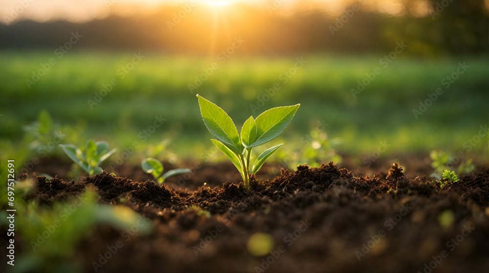 Fototapeta premium new plant growing up in soil, Young Plant Growing In Sunlight