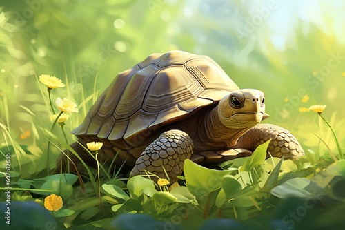Illustration of a tortoise in a green background with sunlight in nature. Generative AI photo