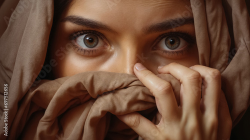 Woman's eyes peering over fabric. photo