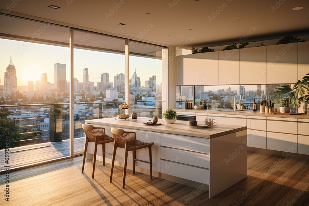 Stylish kitchen with city view, natural light. Generative AI