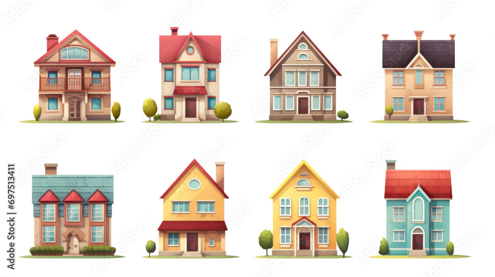 Eight cartoon houses Isolated on transparent background. PNG file.