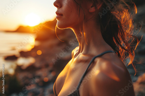 Beautiful young woman in a swimsuit on the beach at sunset, Generative Ai