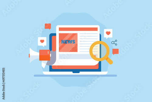 Online news article press release digital journal on laptop screen, social media promotion and marketing vector illustration web banner. photo