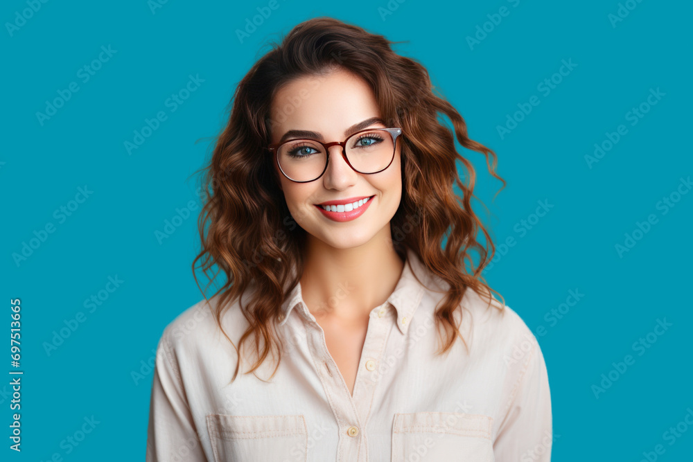 Caucasian girl wearing glasses. Young woman smiling. White, healthy teeth. Looking at camera. Isolated on a clear background. PNG file. Caucasian girl wearing glasses. Young woman smiling. White, healthy teeth. Looking at camera. Isolated on a clear background. PNG file.