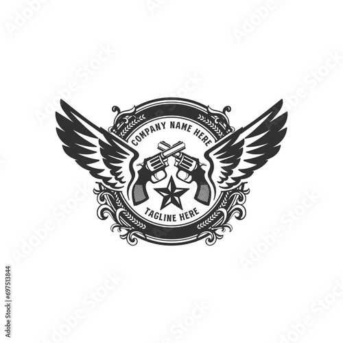 Vintage Retro Cowboy Texas Crossed Guns Badge Emblem Wings Logo