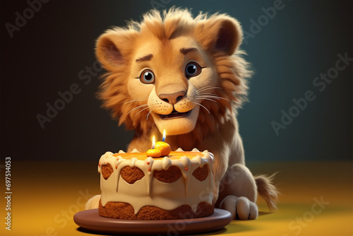 3d character illustration of a cute lion and a cake