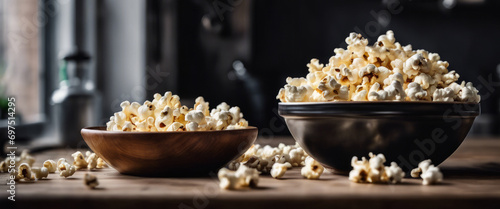 Two bowls of popcorn on a table in the kitchen, with a dark background. photo
