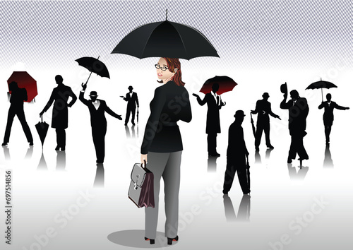 Men and women with umbrella silhouettes